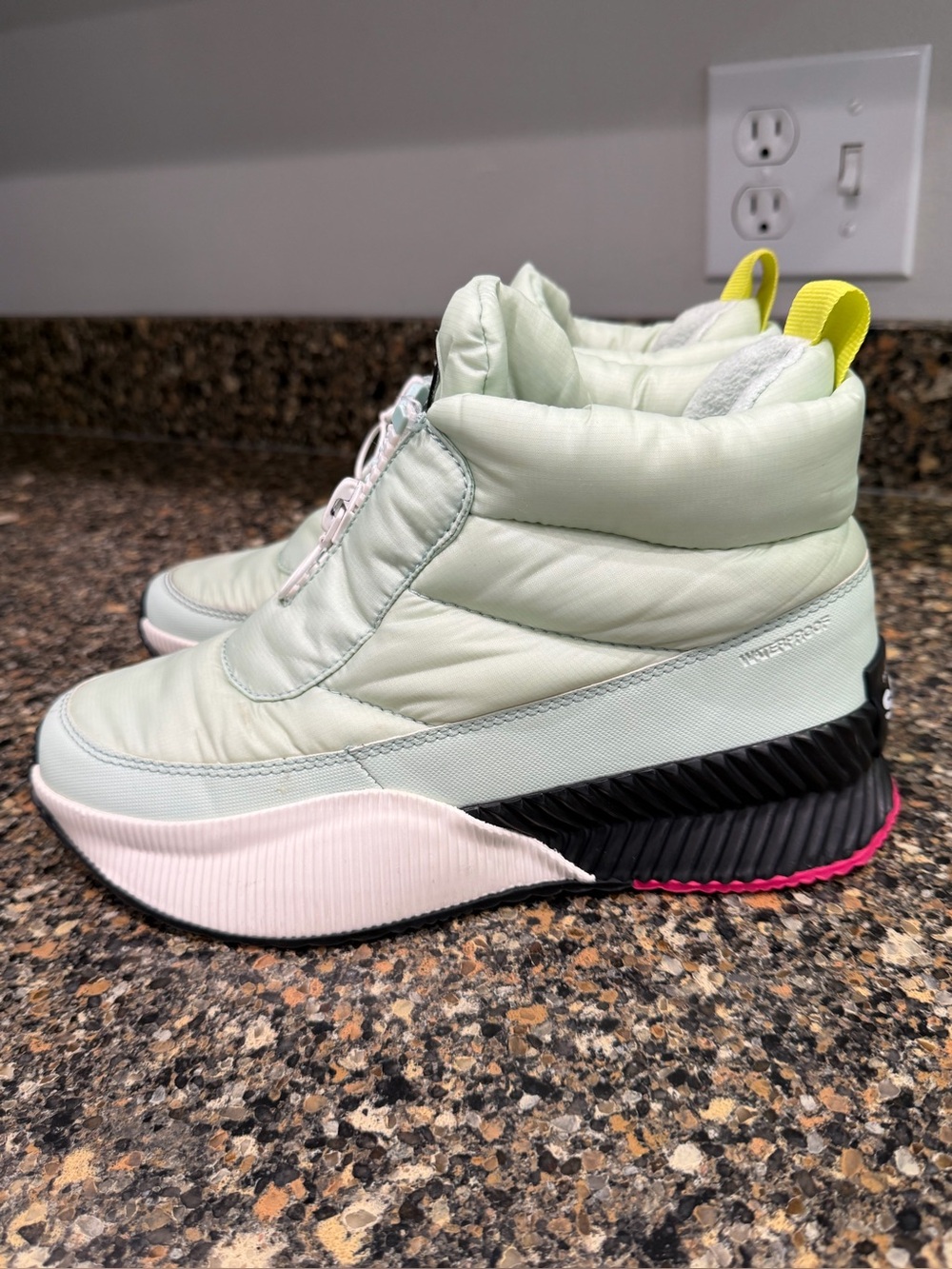 Women's Mint Puffer Slip-On Sneakers with Neon Pull Tab sorel 8